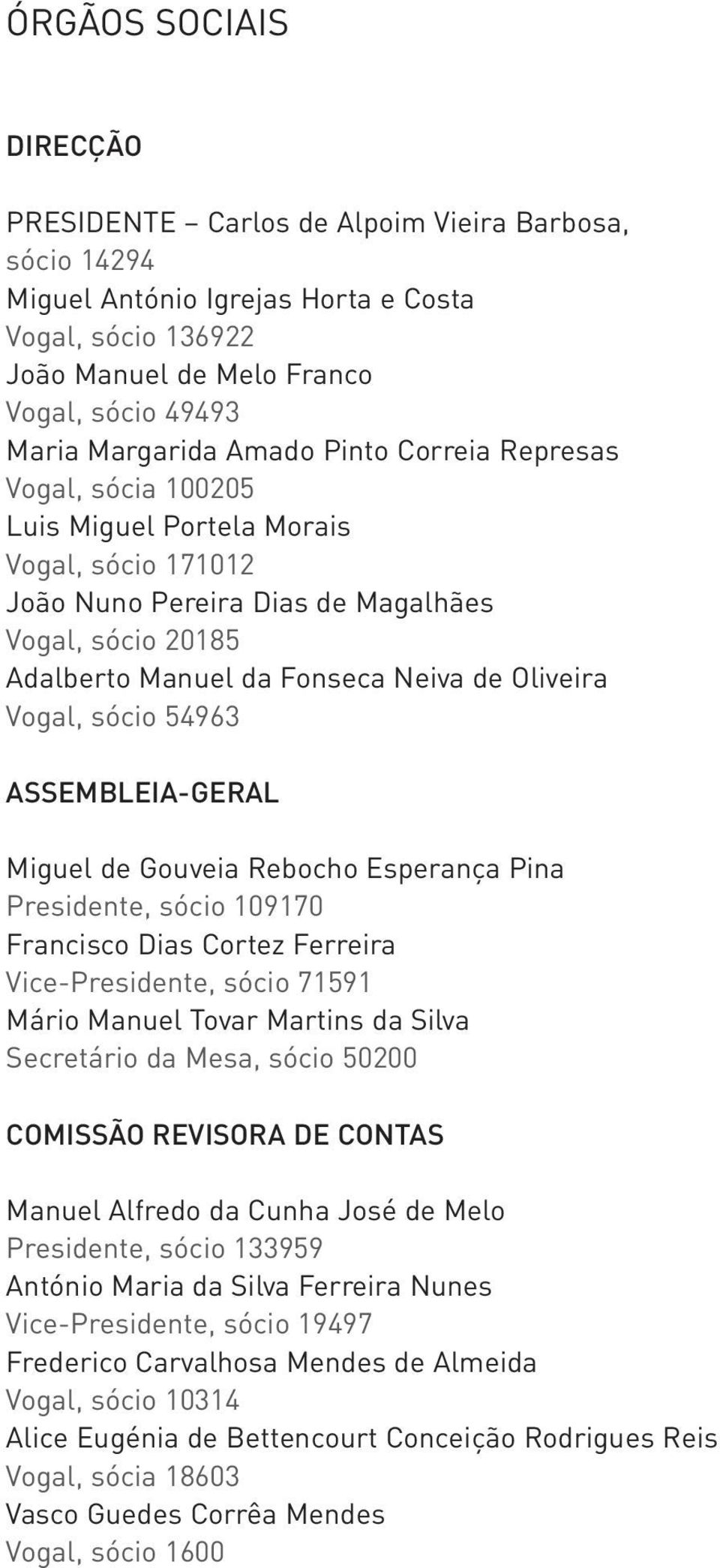 Vogal, sócio 54963 ASSEMBLEIA-GERAL Miguel de Gouveia Rebocho Esperança Pina Presidente, sócio 109170 Francisco Dias Cortez Ferreira Vice-Presidente, sócio 71591 Mário Manuel Tovar Martins da Silva