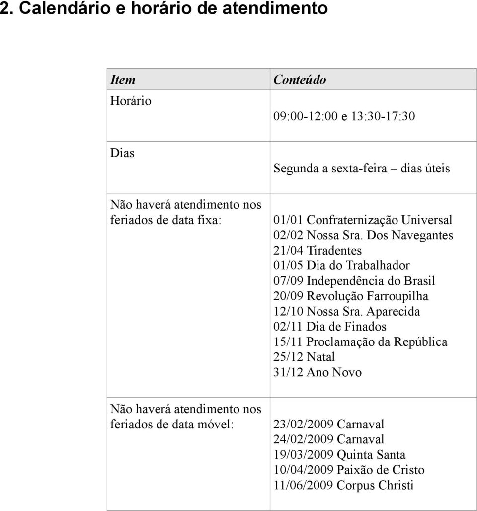 Dos Navegantes 21/04 Tiradentes 01/05 Dia do Trabalhador 07/09 Independência do Brasil 20/09 Revolução Farroupilha 12/10 Nossa Sra.