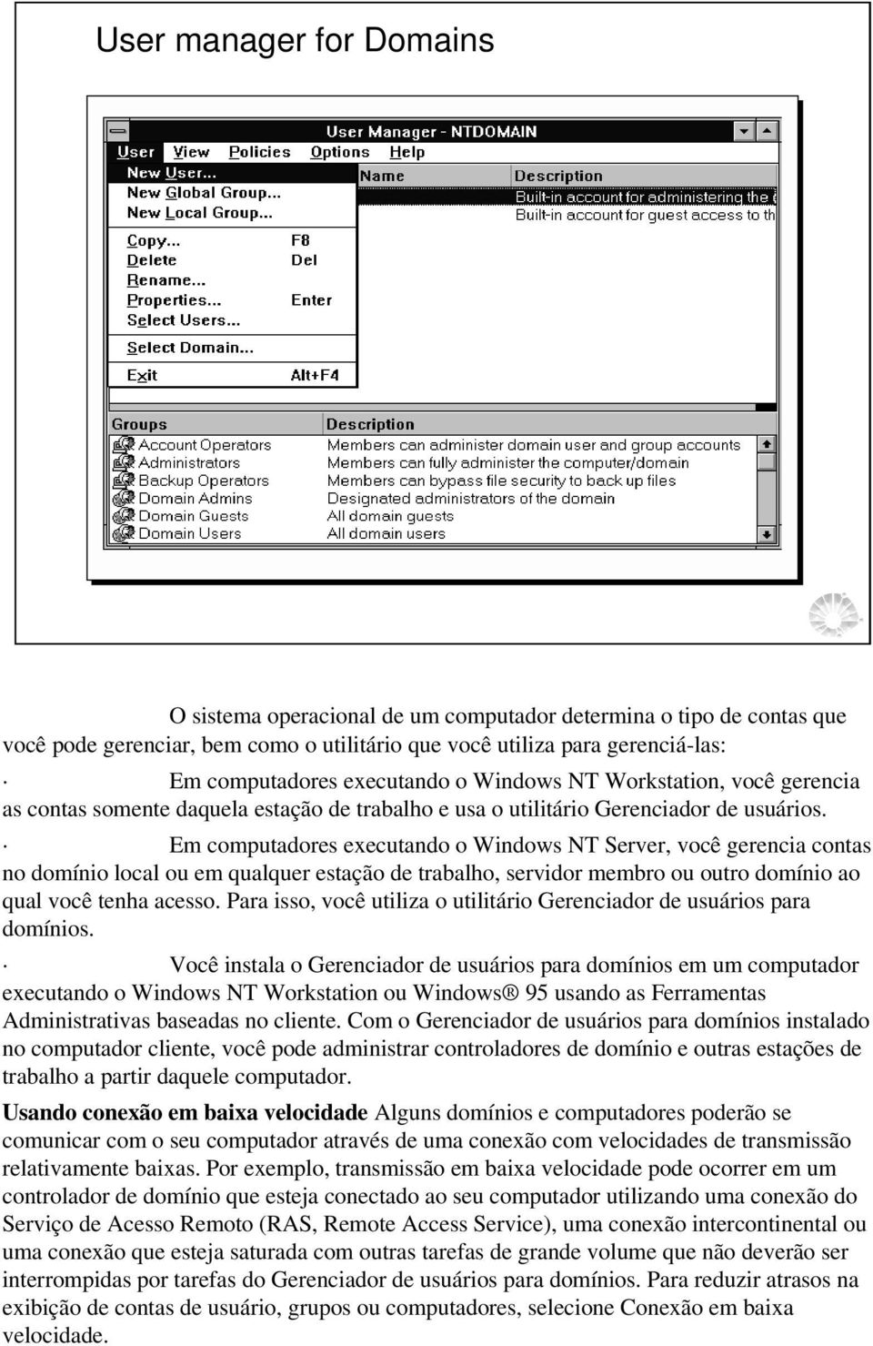 Em computadores executando o Windows NT Server, você gerencia contas no domínio local ou em qualquer estação de trabalho, servidor membro ou outro domínio ao qual você tenha acesso.