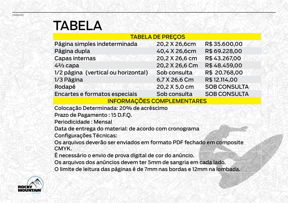 114,00 Rodapé 20,2 X 5,0 cm SOB CONSULTA Encartes e formatos especiais Sob consulta SOB CONSULTA INFORMAÇÕES COMPLEMENTARES Colocação Determinada: 20% de acréscimo Prazo de Pagamento : 15 D.F.Q.