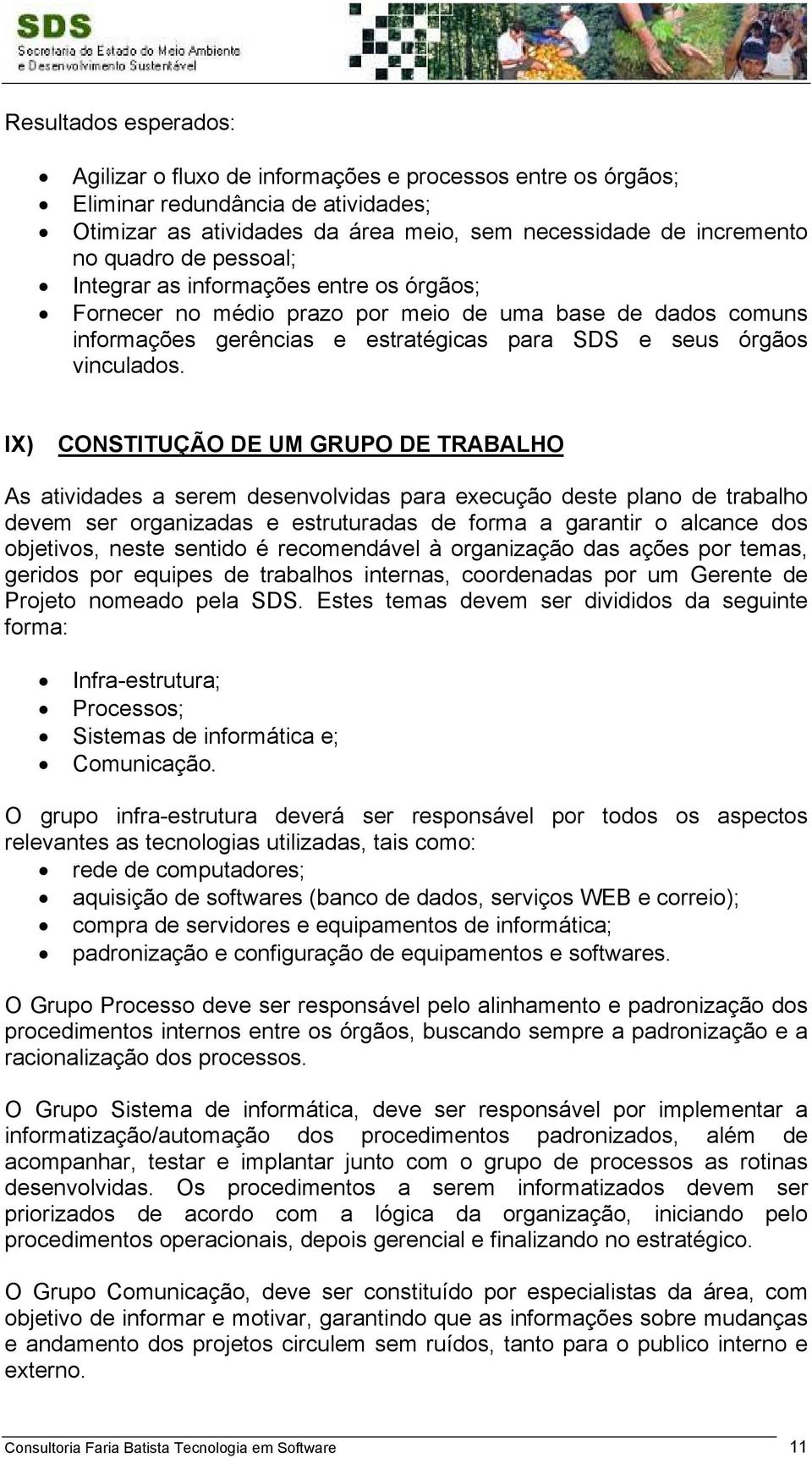 IX) CONSTITUÇÃO DE UM GRUPO DE TRABALHO As atividades a serem desenvolvidas para execução deste plano de trabalho devem ser organizadas e estruturadas de forma a garantir o alcance dos objetivos,