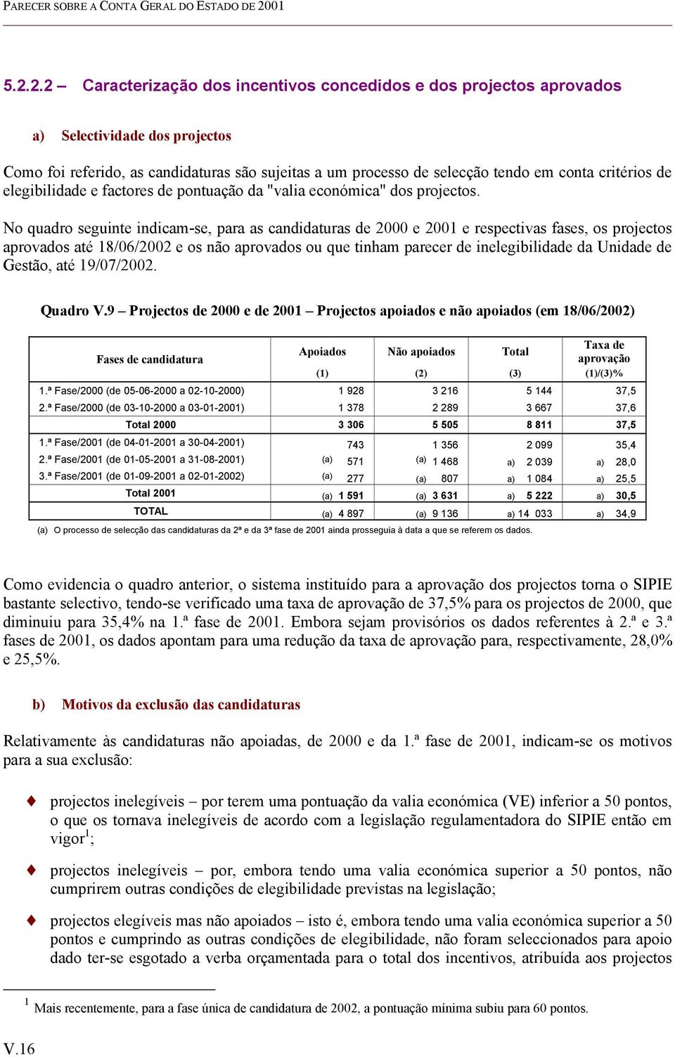 2.2 Caracterização dos incentivos concedidos e dos projectos aprovados a) Selectividade dos projectos Como foi referido, as candidaturas são sujeitas a um processo de selecção tendo em conta