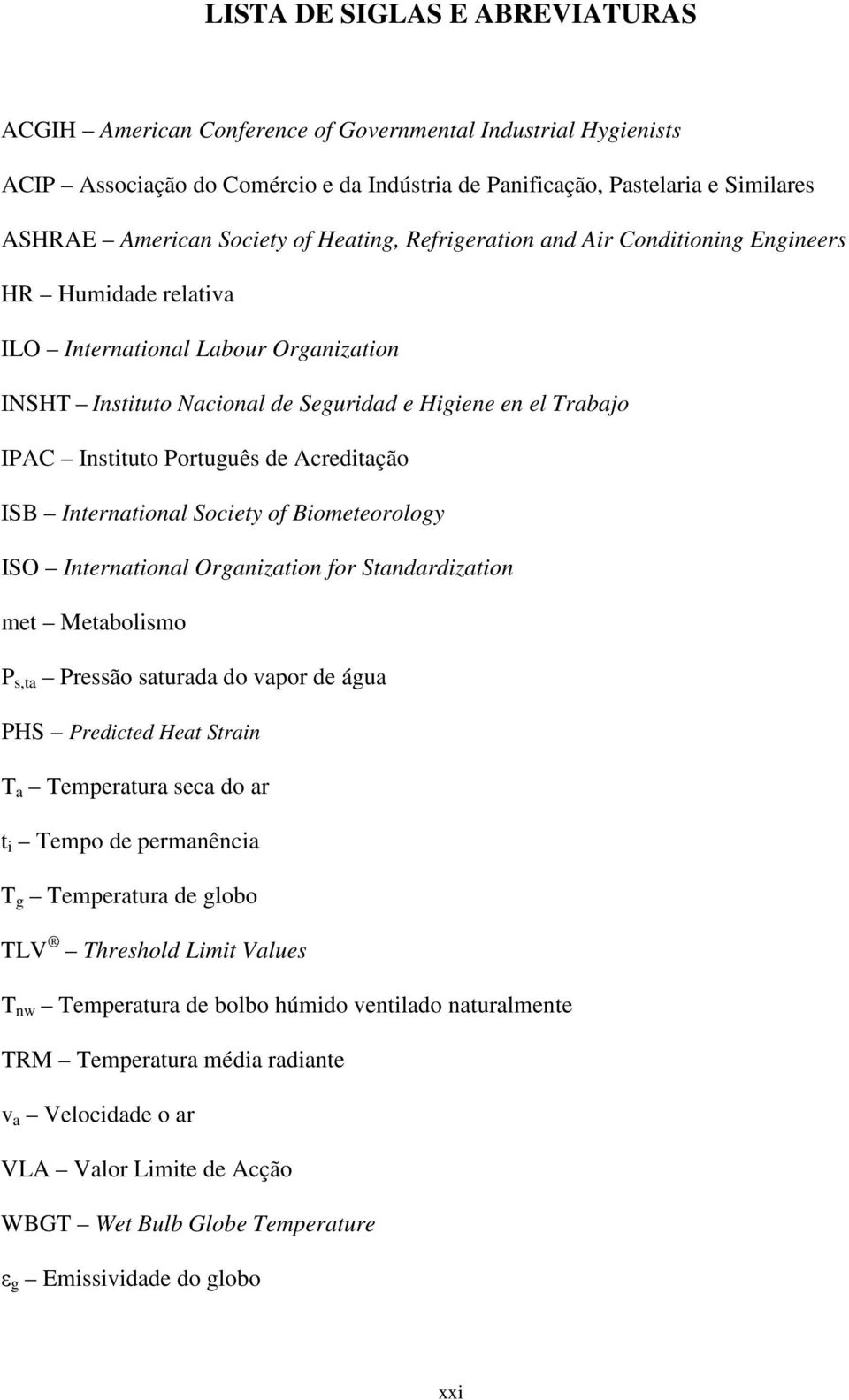 Instituto Português de Acreditação ISB International Society of Biometeorology ISO International Organization for Standardization met Metabolismo P s,ta Pressão saturada do vapor de água PHS