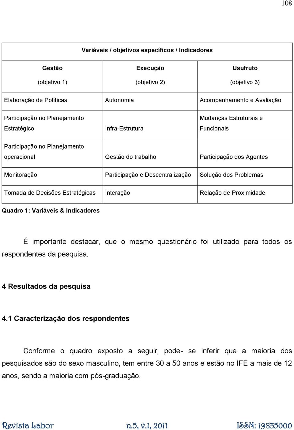 Descentralização Solução dos Problemas Tomada de Decisões Estratégicas Interação Relação de Proximidade Quadro 1: Variáveis & Indicadores É importante destacar, que o mesmo questionário foi utilizado