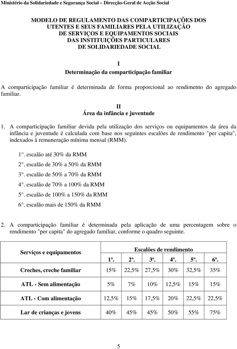 A comparticipação familiar devida pela utilização dos serviços ou equipamentos da área da infância e juventude é calculada com base nos seguintes escalões de rendimento "per capita", indexados à