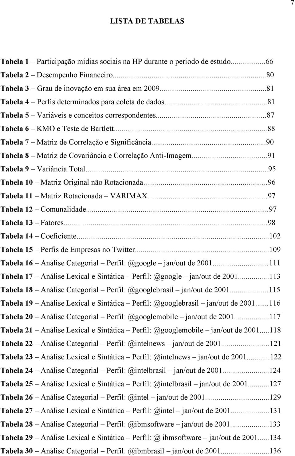 ..90 Tabela 8 Matriz de Covariância e Correlação AntiImagem...91 Tabela 9 Variância Total...95 Tabela 10 Matriz Original não Rotacionada...96 Tabela 11 Matriz Rotacionada VARIMAX.