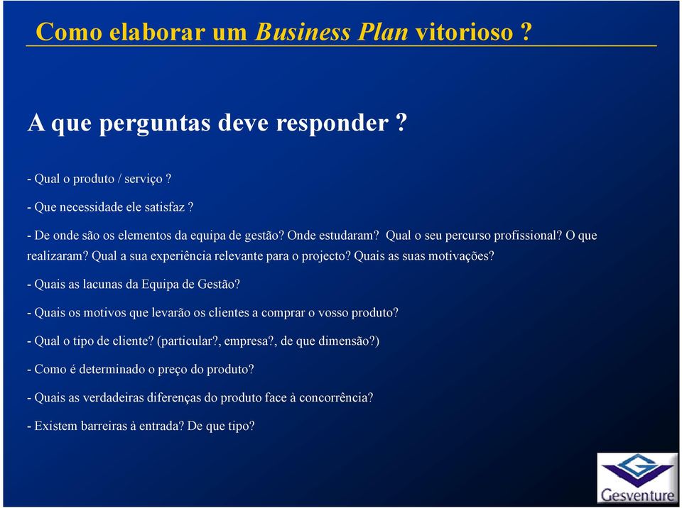 Qual a sua experiência relevante para o projecto? Quais as suas motivações? - Quais as lacunas da Equipa de Gestão?