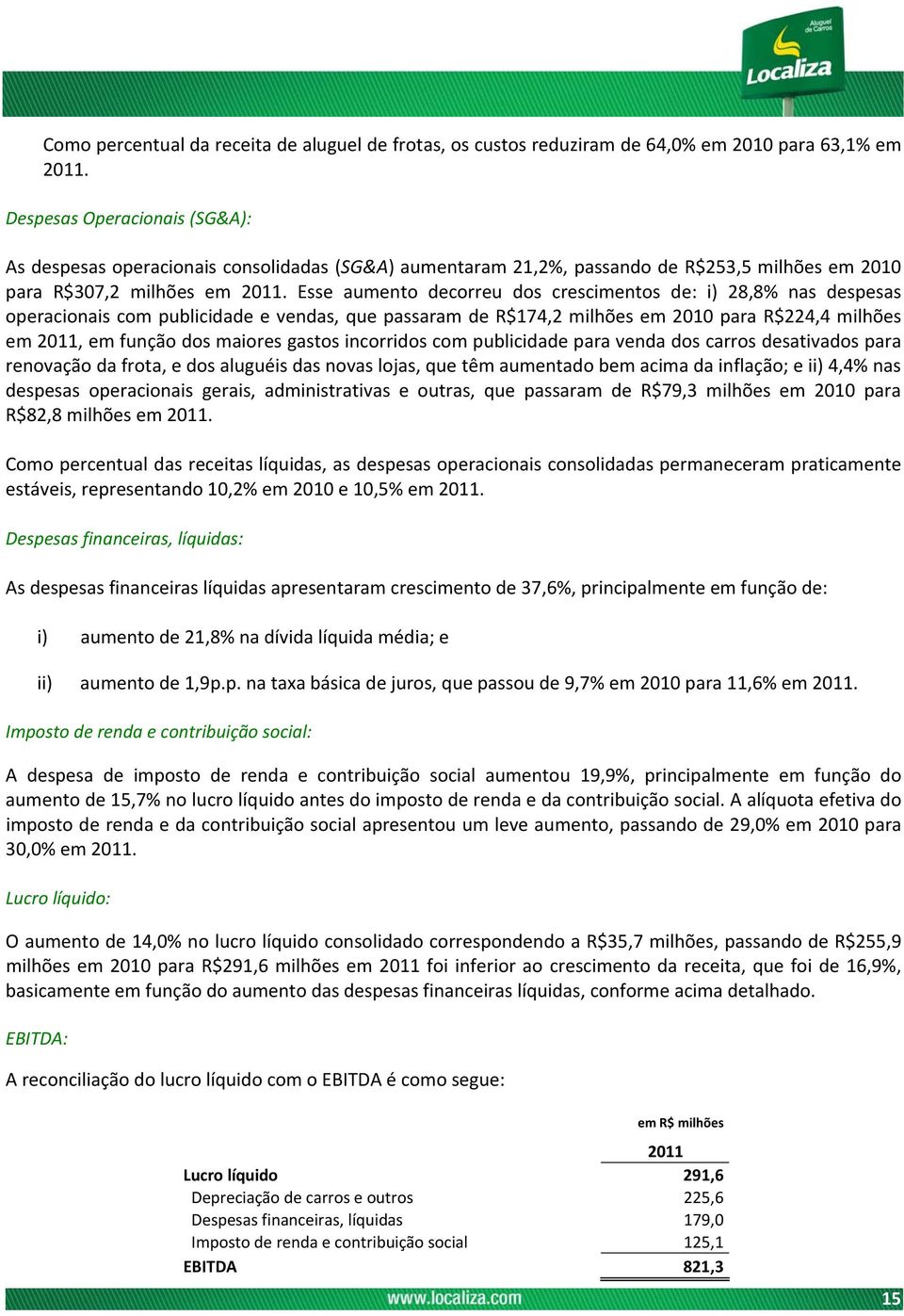 Esse aumento decorreu dos crescimentos de: i) 28,8% nas despesas operacionais com publicidade e vendas, que passaram de R$174,2 milhões em 2010 para R$224,4 milhões em 2011, em função dos maiores