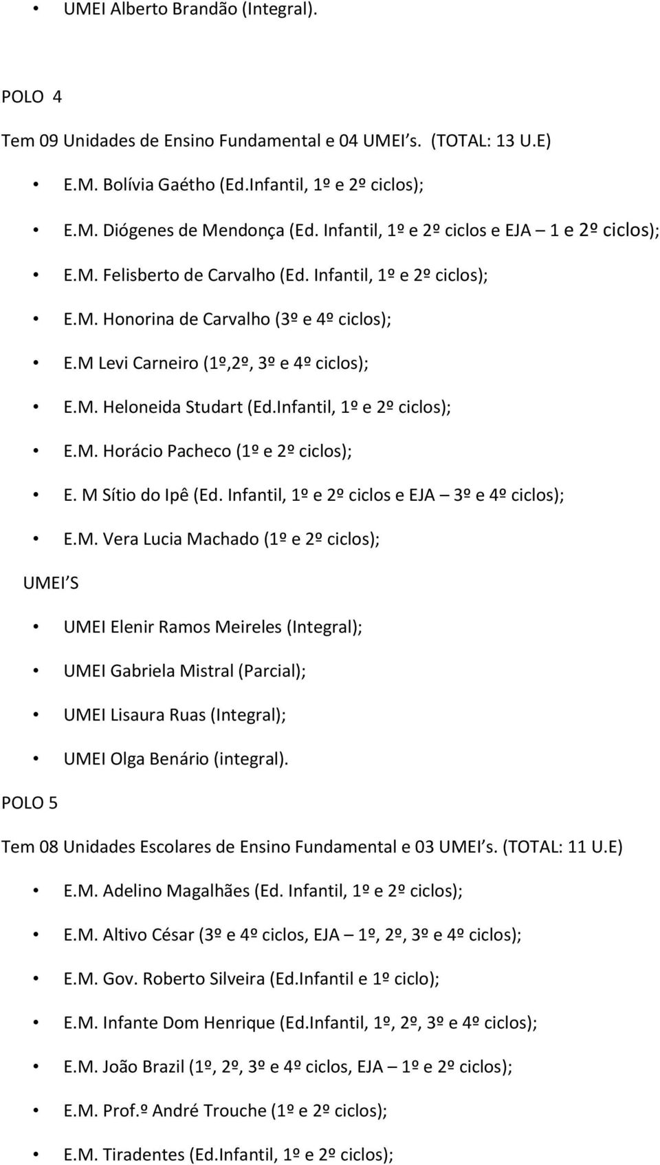 Infantil, 1º e 2º ciclos); E.M.