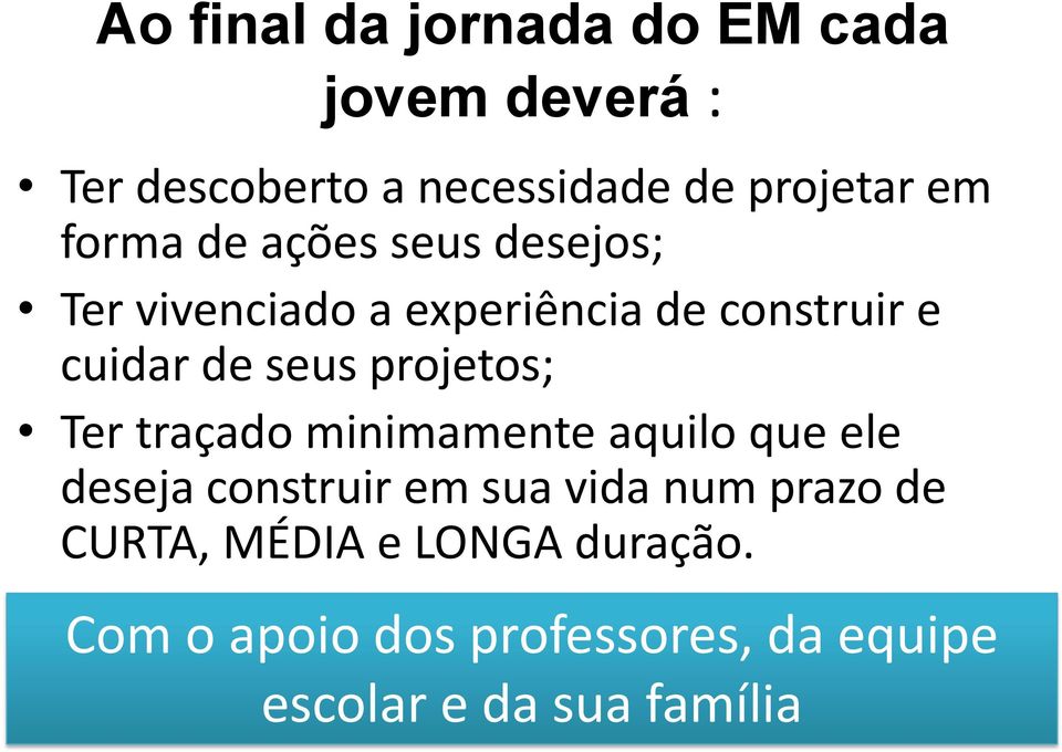 projetos; Ter traçado minimamente aquilo que ele deseja construir em sua vida num prazo de