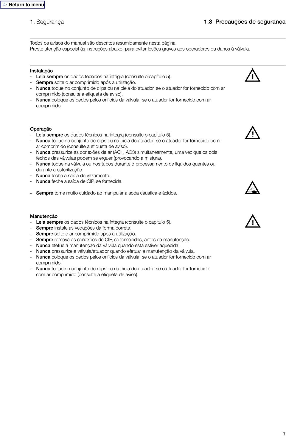 - Sempre solte o ar comprimido após a utilização. - Nunca toque no conjunto de clips ou na biela do atuador, se o atuador for fornecido com ar comprimido (consulte a etiqueta de aviso).