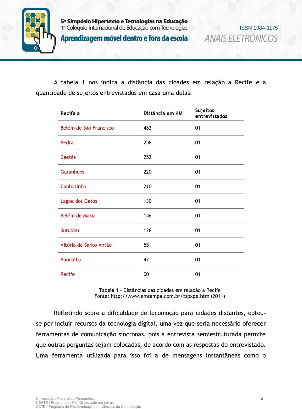 Distâncias das cidades em relação a Recife Fonte: http://www.emsampa.com.br/xspxpe.