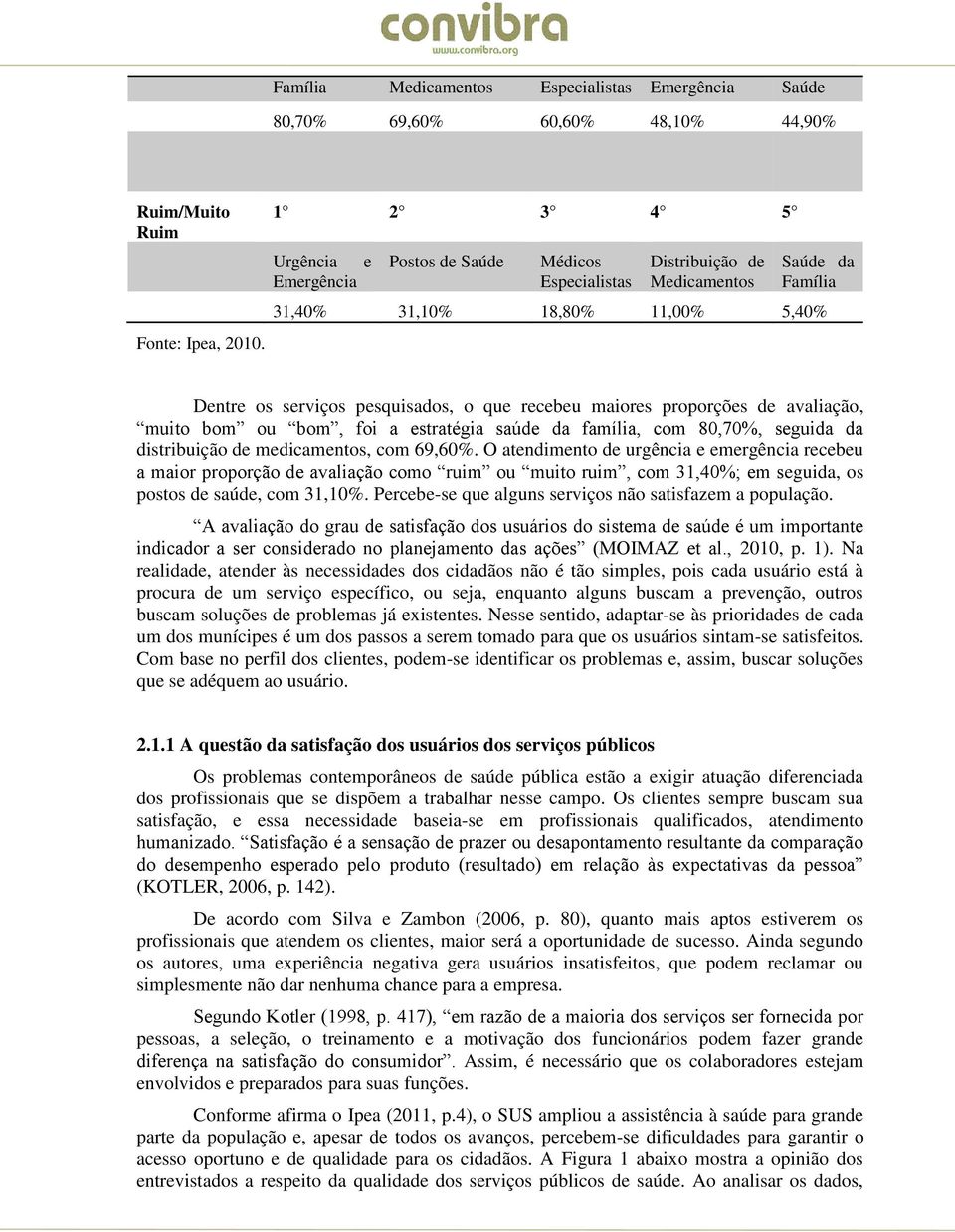 maiores proporções de avaliação, muito bom ou bom, foi a estratégia saúde da família, com 80,70%, seguida da distribuição de medicamentos, com 69,60%.