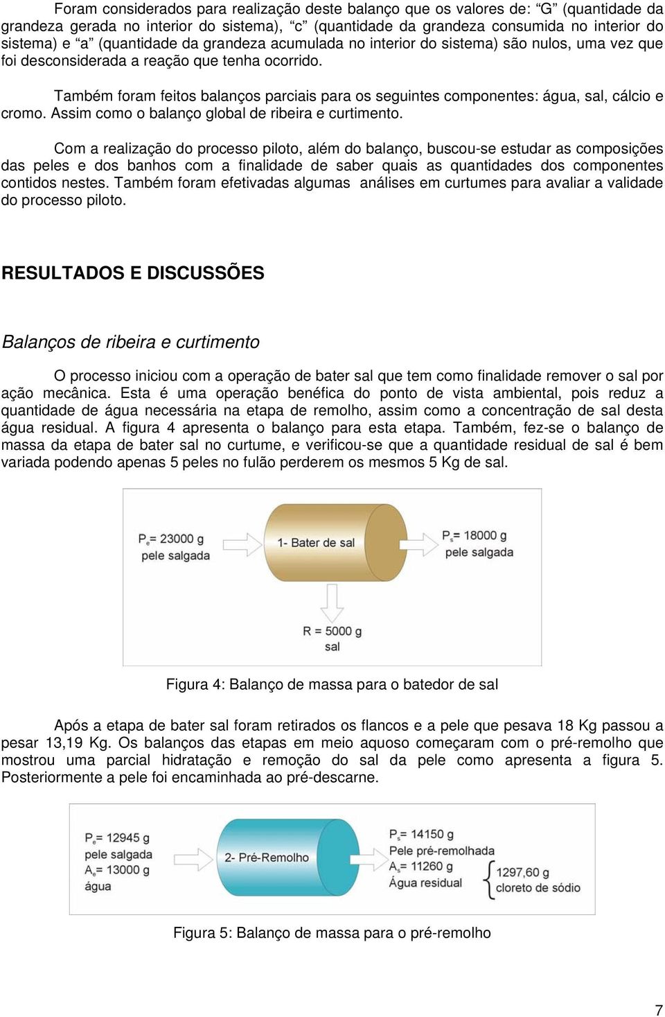 Também foram feitos balanços parciais para os seguintes componentes: água, sal, cálcio e cromo. Assim como o balanço global de ribeira e curtimento.