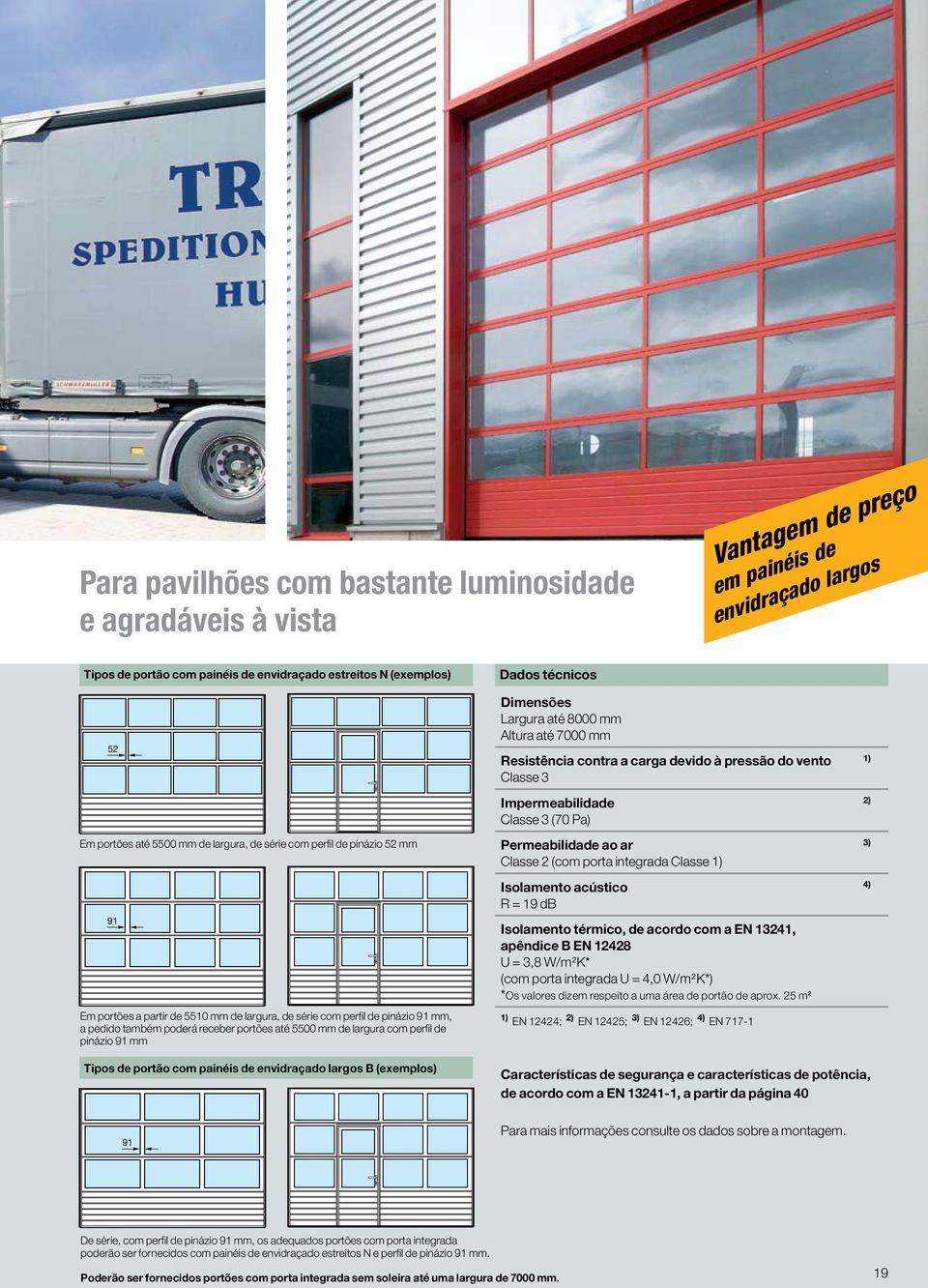 perfil de pinázio 52 mm 91 Em portões a partir de 5510 mm de largura, de série com perfil de pinázio 91 mm, a pedido também poderá receber portões até 5500 mm de largura com perfil de pinázio 91 mm