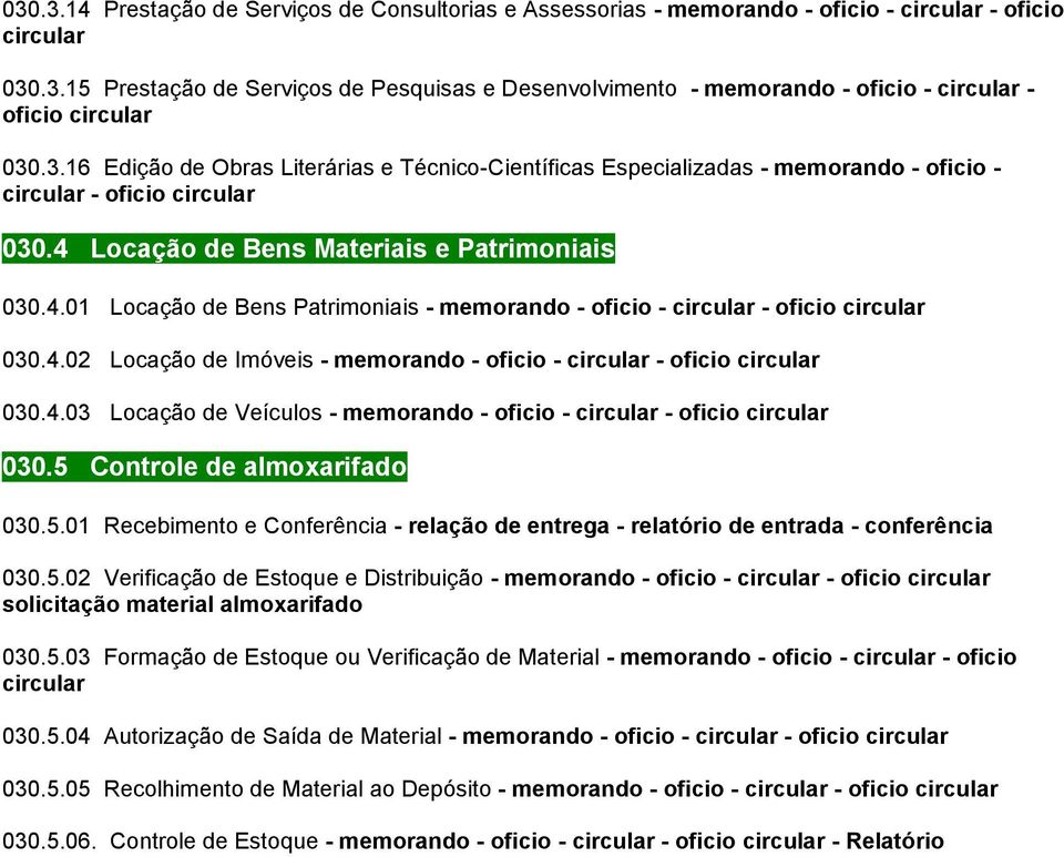 Locação de Bens Materiais e Patrimoniais 030.4.01 Locação de Bens Patrimoniais - memorando - oficio - circular - oficio circular 030.4.02 Locação de Imóveis - memorando - oficio - circular - oficio circular 030.