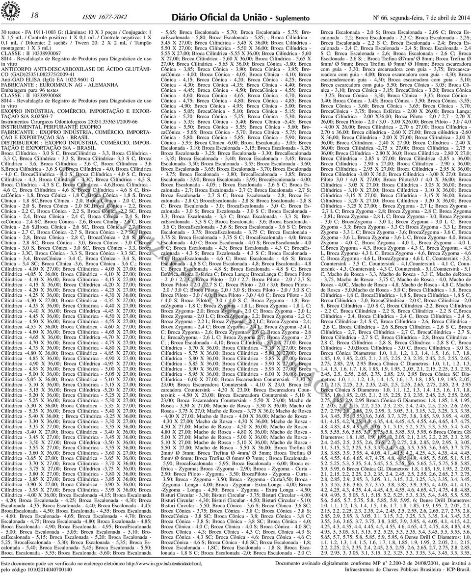 DE ÁCIDO GLUTÂMI- CO (GAD)25351082375/2009-41 Anti-GAD ELISA (IgG) EA 1022-9601 G FABRICANTE : EUROIMMUN AG - ALEMANHA Embalagem para 96 testes CLASSE : II 10338930068 8014 - Revalidação de Registro