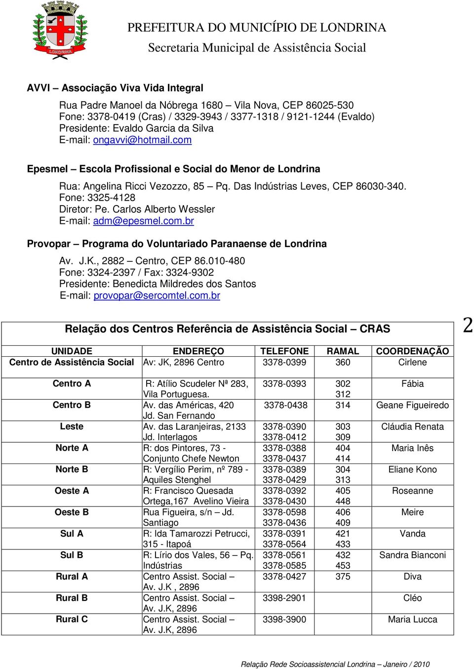 Carlos Alberto Wessler E-mail: adm@epesmel.com.br Provopar Programa do Voluntariado Paranaense de Londrina Av. J.K., 2882 Centro, CEP 86.