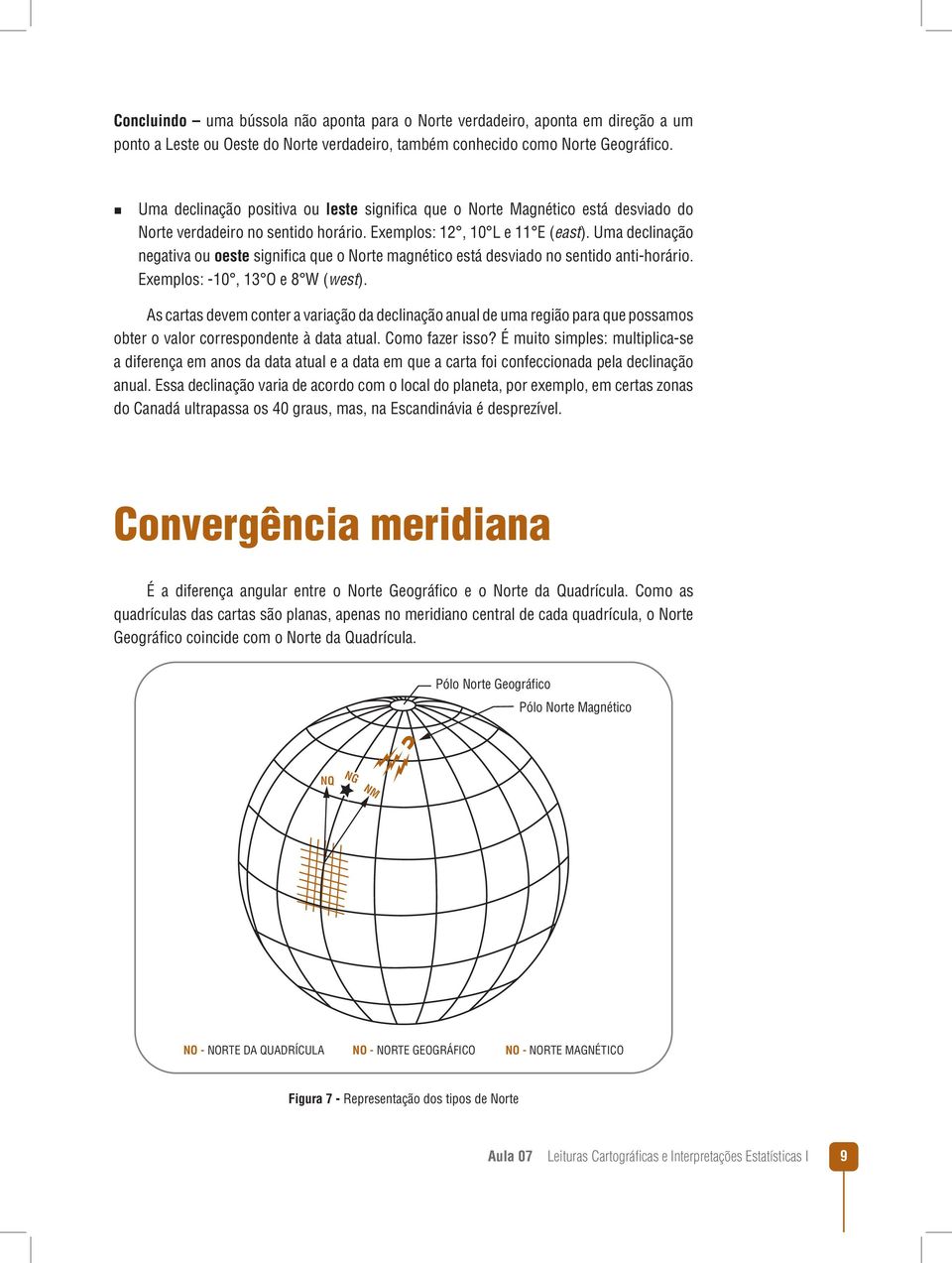 Uma declinação negativa ou oeste significa que o Norte magnético está desviado no sentido anti-horário. Exemplos: -10, 13 O e 8 W (west).