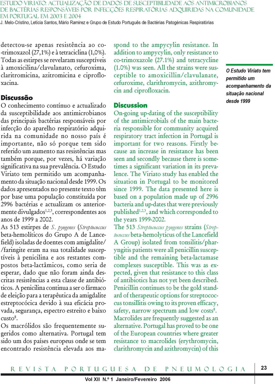 Discussão O conhecimento contínuo e actualizado da susceptibilidade aos antimicrobianos das principais bactérias responsáveis por infecção do aparelho respiratório adquirida na comunidade no nosso