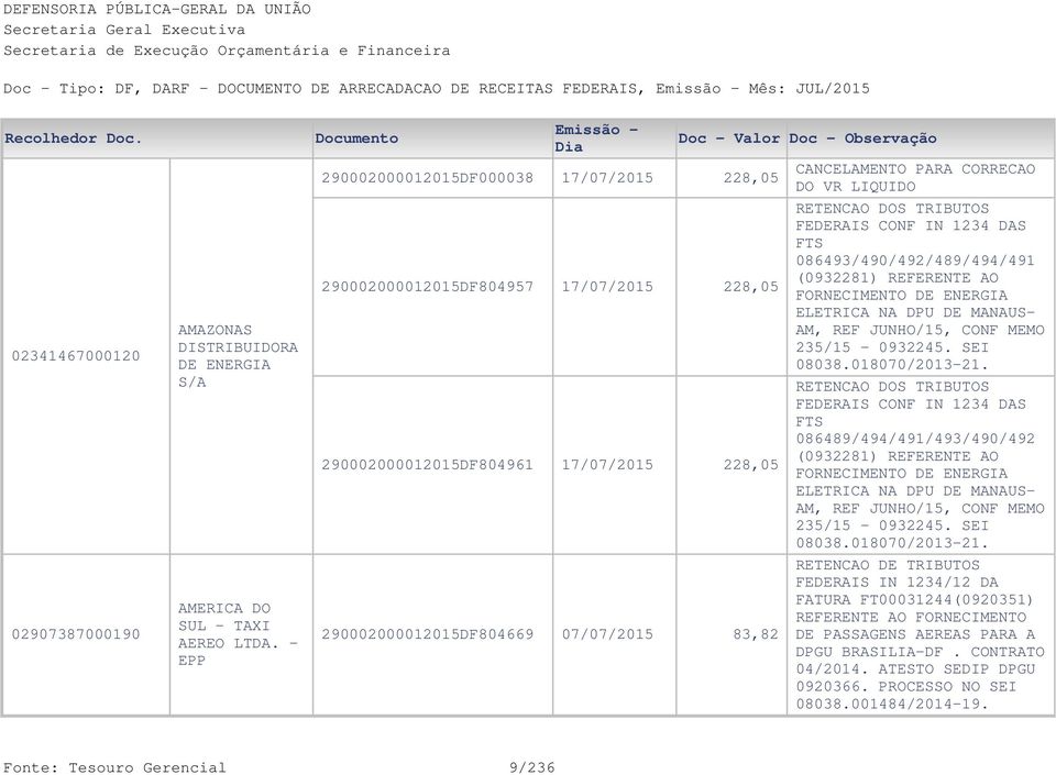 DO VR LIQUIDO FEDERAIS CONF IN 1234 DAS FTS 086493/490/492/489/494/491 (0932281) REFERENTE AO FORNECIMENTO DE ENERGIA ELETRICA NA DPU DE MANAUS- AM, REF JUNHO/15, CONF MEMO 235/15-0932245. SEI 08038.