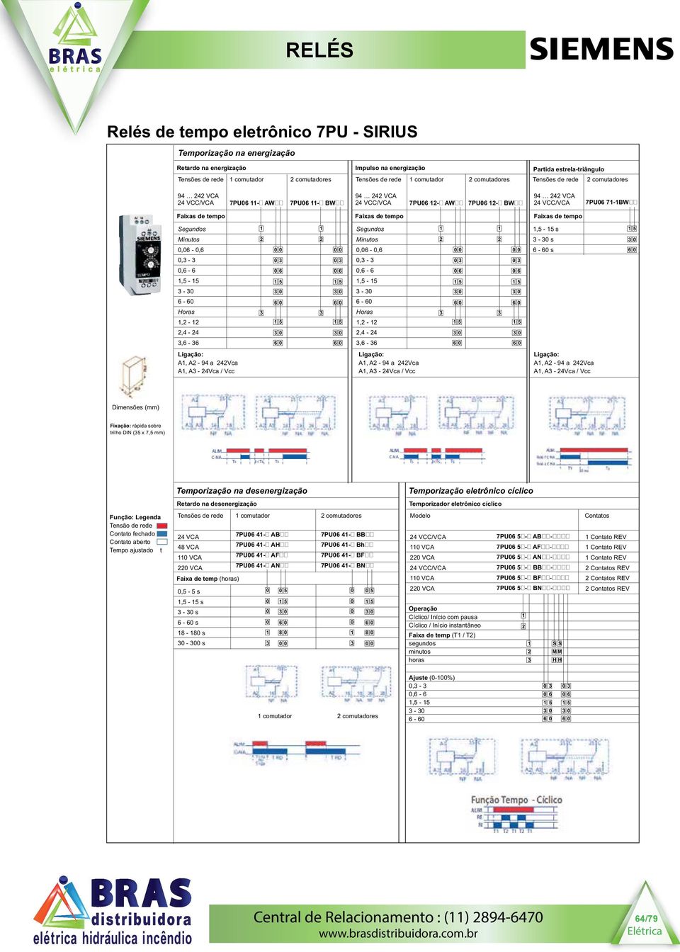 Ligação: A, A 94 a 4Vca A, A 4Vca / Vcc Ligação: A, A 94 a 4Vca A, A 4Vca / Vcc Ligação: A, A 94 a 4Vca A, A 4Vca / Vcc Dimensões (mm) Fixação: rápida sobre trilho DIN (5 x 7,5 mm) Temporização na