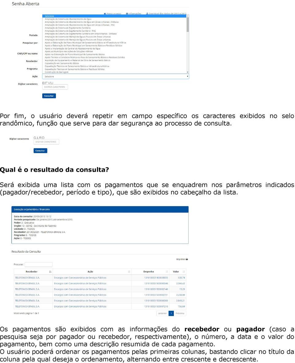 Os pagamentos são exibidos com as informações do recebedor ou pagador (caso a pesquisa seja por pagador ou recebedor, respectivamente), o número, a data e o valor do pagamento, bem como