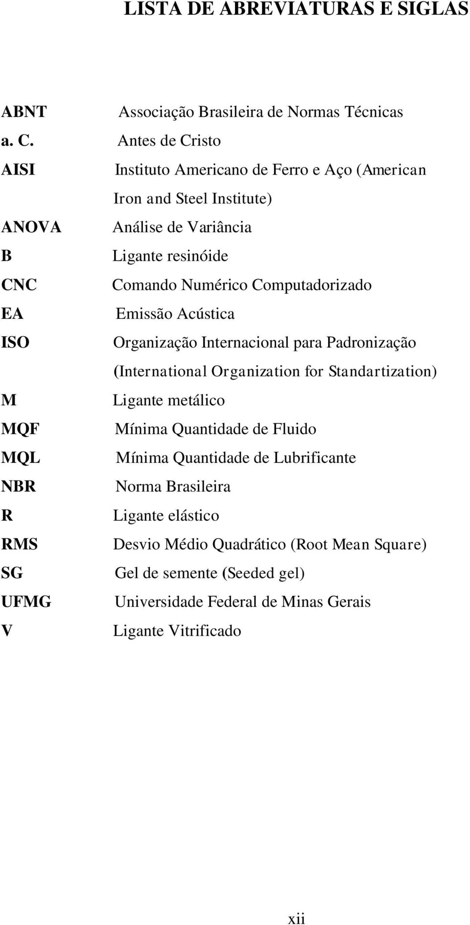 Computadorizado EA Emissão Acústica ISO Organização Internacional para Padronização (International Organization for Standartization) M Ligante metálico MQF Mínima