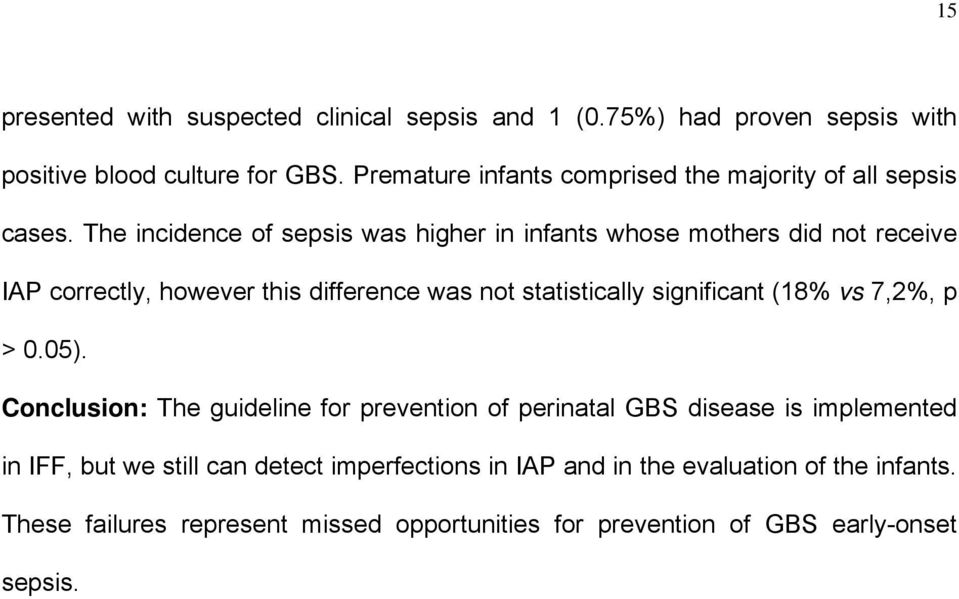 The incidence of sepsis was higher in infants whose mothers did not receive IAP correctly, however this difference was not statistically significant