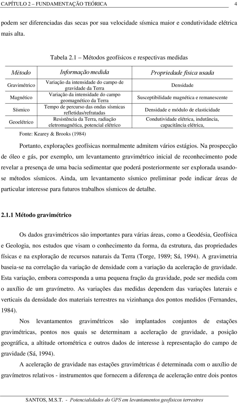 Tempo de percurso das ondas sísmicas refletidas/refratadas Resistência da Terra, radiação eletromagnética, potencial elétrico Fonte: Kearey & Brooks (1984) Densidade Susceptibilidade magnética e