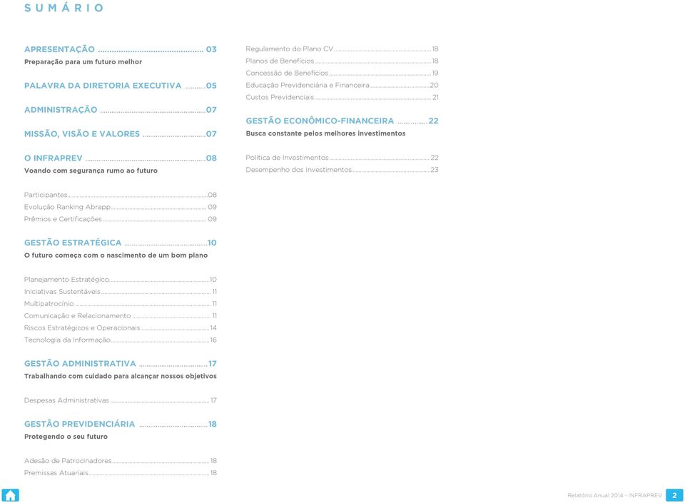 ..08 Voando com segurança rumo ao futuro Política de Investimentos... 22 Desempenho dos Investimentos... 23 Participantes...08 Evolução Ranking Abrapp... 09 Prêmios e Certificações.