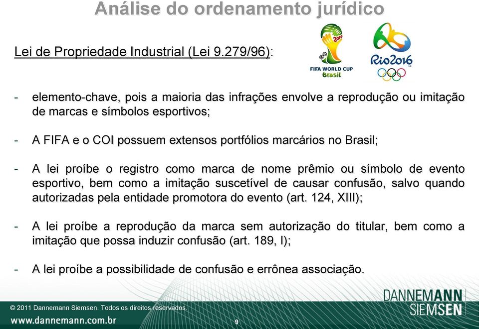 portfólios marcários no Brasil; - A lei proíbe o registro como marca de nome prêmio ou símbolo de evento esportivo, bem como a imitação suscetível de causar