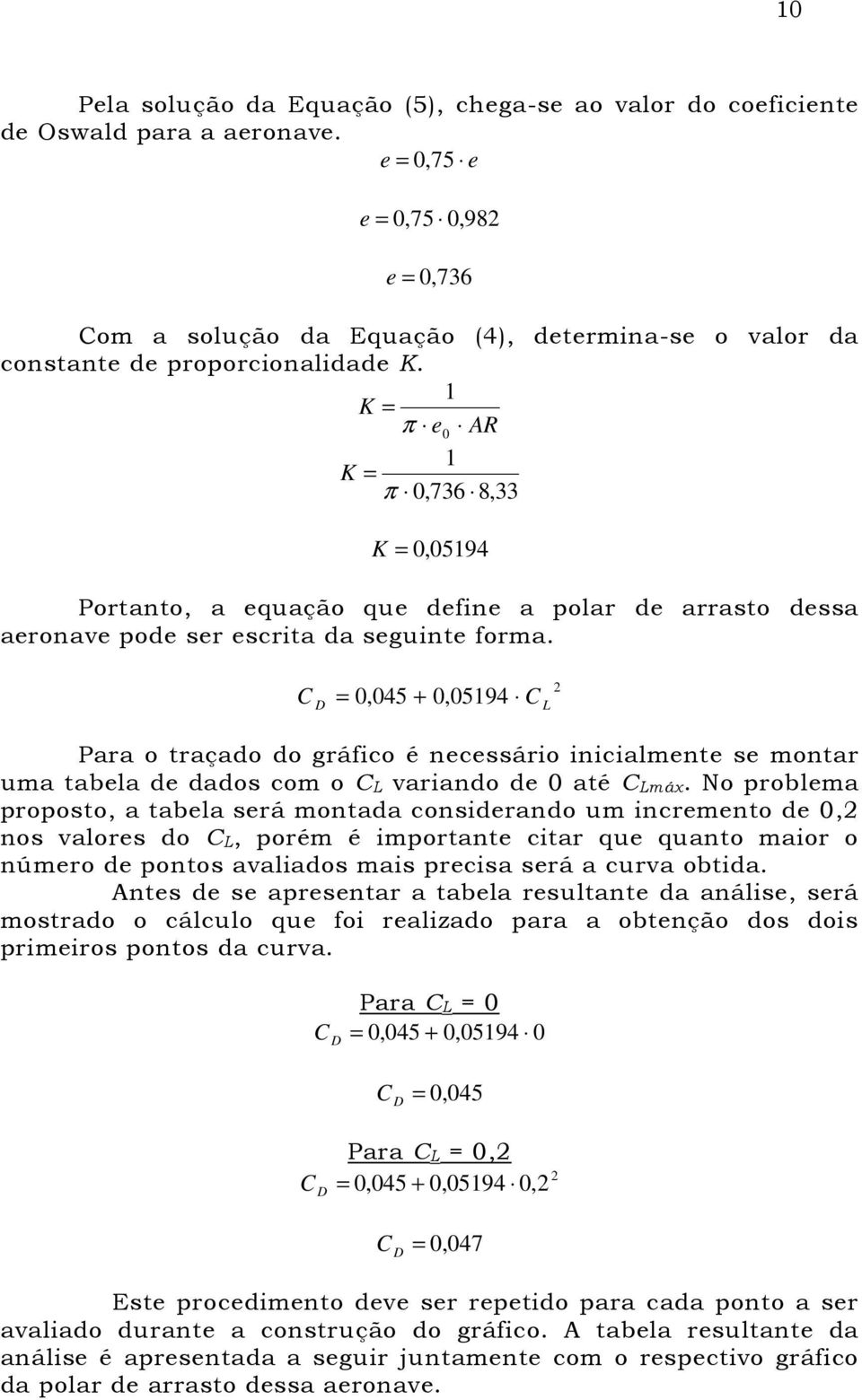 K π e0 AR K π 0,736 8,33 K 0,0594 Portanto, a equação que define a polar de arrasto dessa aeronave pode ser escrita da seguinte forma.