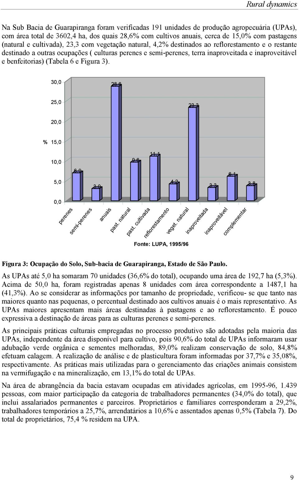 inaproveitável e benfeitorias) (Tabela 6 e Figura 3). 30,0 28,6 25,0 23,3 20,0 % 15,0 10,0 9,6 11,1 5,0 6,9 3,0 4,2 3,3 6,1 3,8 0,0 perenes semi-perenes anuais past. natural past.