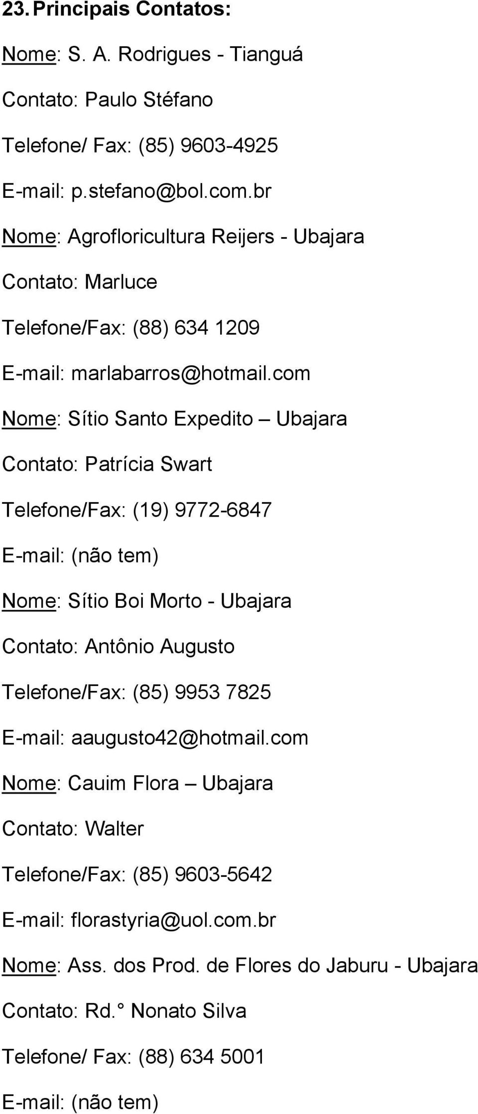 com Nome: Sítio Santo Expedito Ubajara Contato: Patrícia Swart Telefone/Fax: (19) 9772-6847 E-mail: (não tem) Nome: Sítio Boi Morto - Ubajara Contato: Antônio Augusto