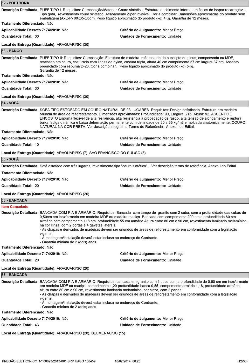 30 Local de Entrega (Quantidade): ARAQUARI/SC (30) 3 - BANCO PUFF TIPO II: Requisitos: Composição: Estrutura de madeira reflorestada de eucalipto ou pinus, compensado ou MDF, revestido em couro,