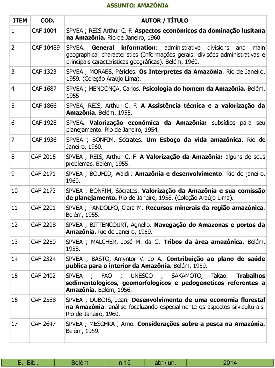 3 CAF 1323 SPVEA ; MORAES, Péricles. Os Interpretes da Amazônia. Rio de Janeiro, 1959. (Coleção Araújo Lima). 4 CAF 1687 SPVEA ; MENDONÇA, Carlos. Psicologia do homem da Amazônia.