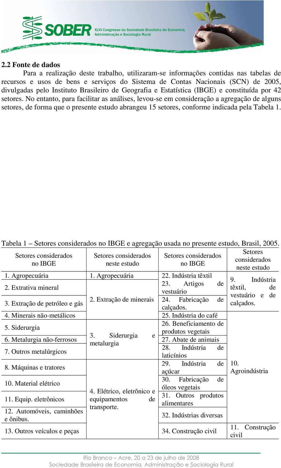 No entanto, paa facilita as análises, levou-se em consideação a agegação de alguns setoes, de foma que o pesente estudo abangeu 15 setoes, confome indicada pela Tabela 1.