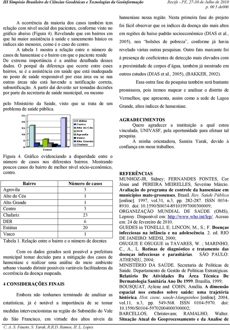 A tabela 1 mostra a relação entre o número de casos de hanseníase e o bairro em que o paciente reside De extrema importância é a análise detalhada desses dados.