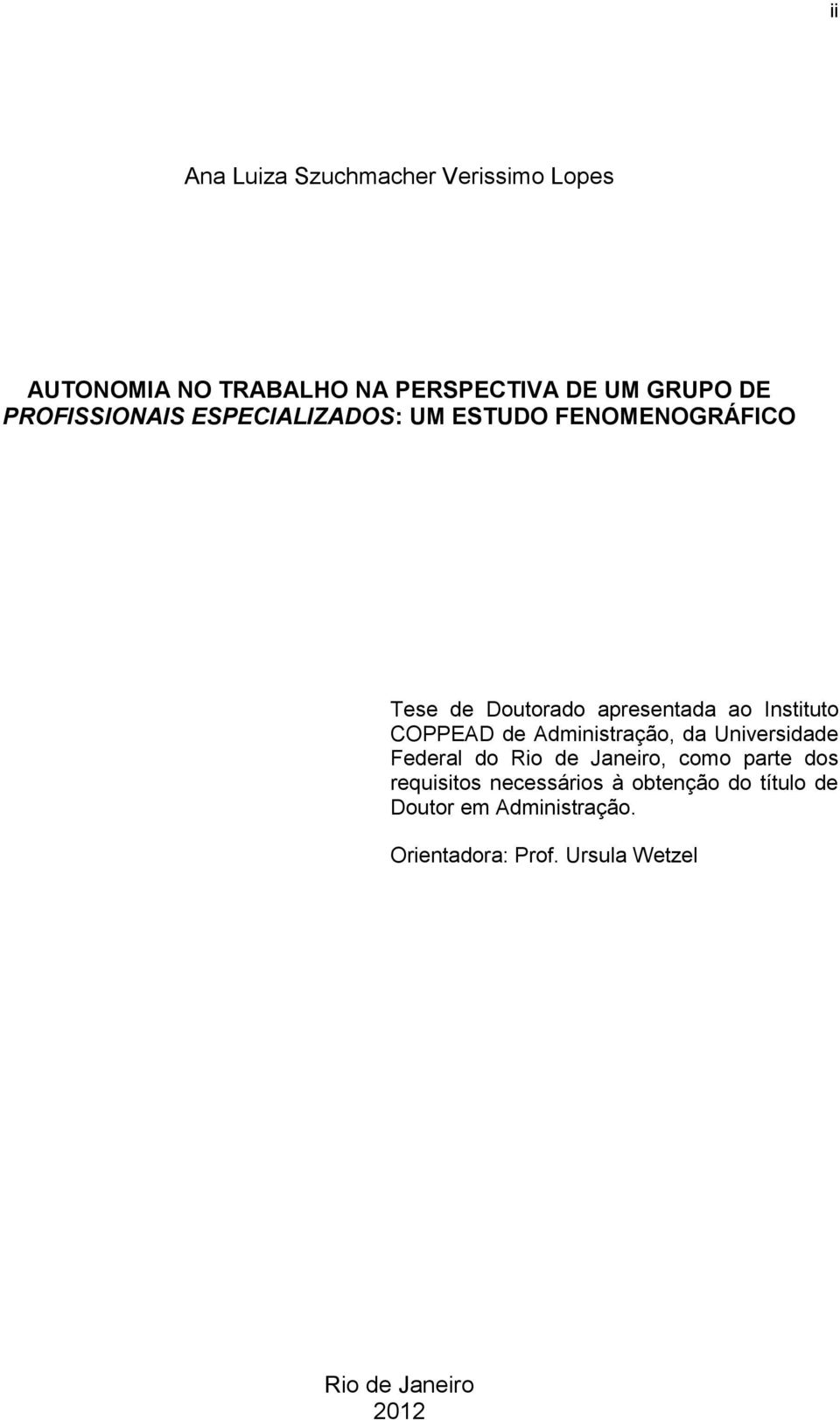 COPPEAD de Administração, da Universidade Federal do Rio de Janeiro, como parte dos requisitos