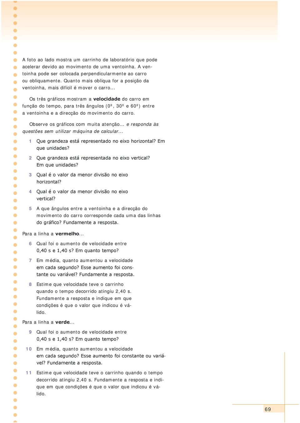 .. Os três gráficos mostram a velocidade do carro em função do tempo, para três ângulos (0º, 30º e 60º) entre a ventoinha e a direcção do movimento do carro. Observe os gráficos com muita atenção.