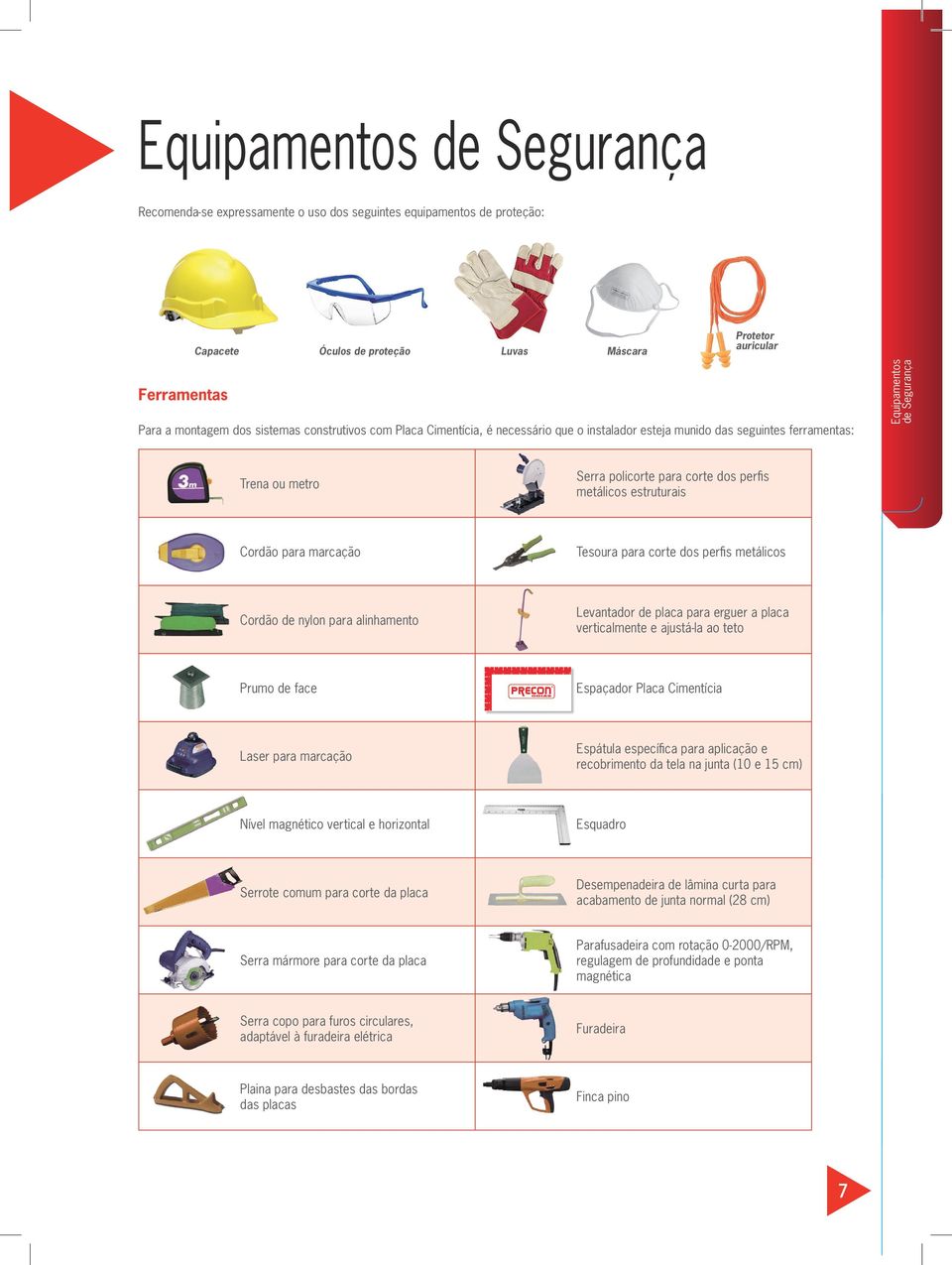 metálicos estruturais Cordão para marcação Tesoura para corte dos perfis metálicos Cordão de nylon para alinhamento Levantador de placa para erguer a placa verticalmente e ajustá-la ao teto Prumo de