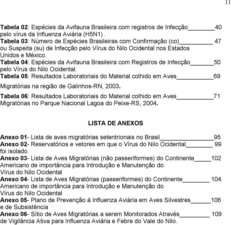 Tabela 04: Espécies da Avifauna Brasileira com Registros de Infecção 50 pelo Vírus do Nilo Ocidental.
