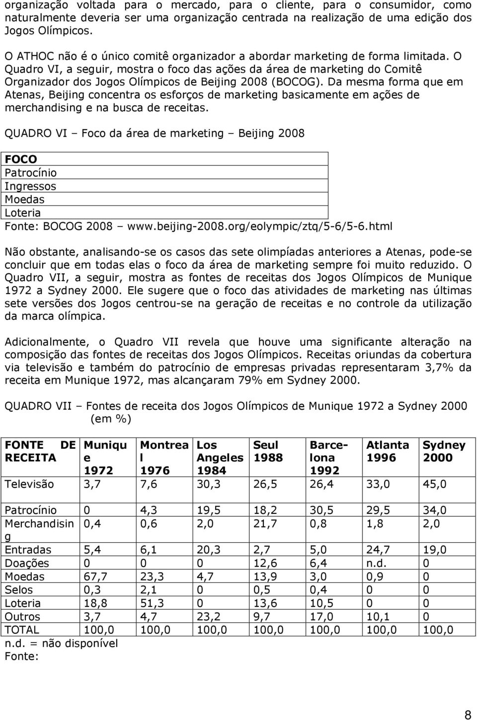 O Quadro VI, a seguir, mostra o foco das ações da área de marketing do Comitê Organizador dos Jogos Olímpicos de Beijing 2008 (BOCOG).