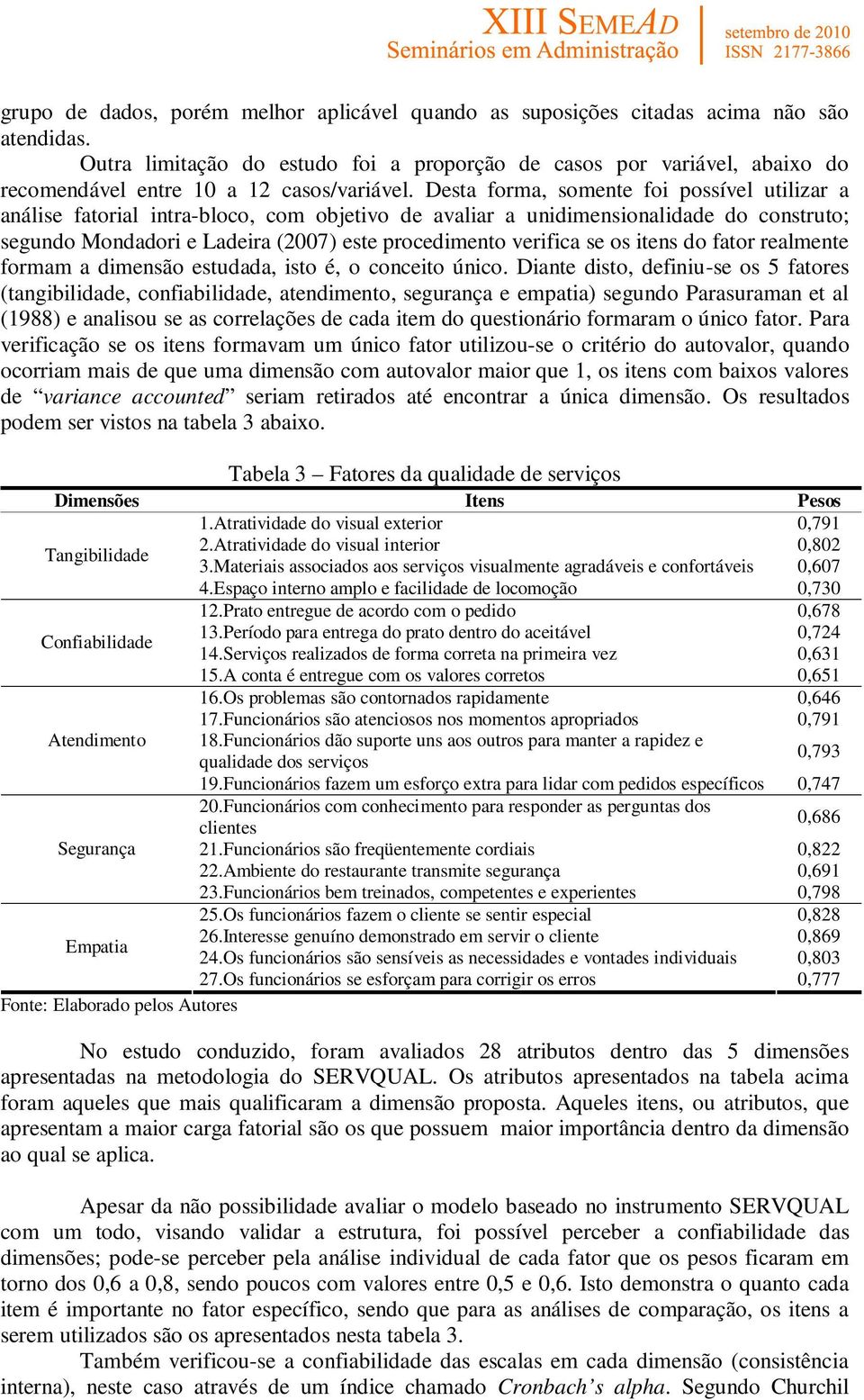 Desta forma, somente foi possível utilizar a análise fatorial intra-bloco, com objetivo de avaliar a unidimensionalidade do construto; segundo Mondadori e Ladeira (2007) este procedimento verifica se