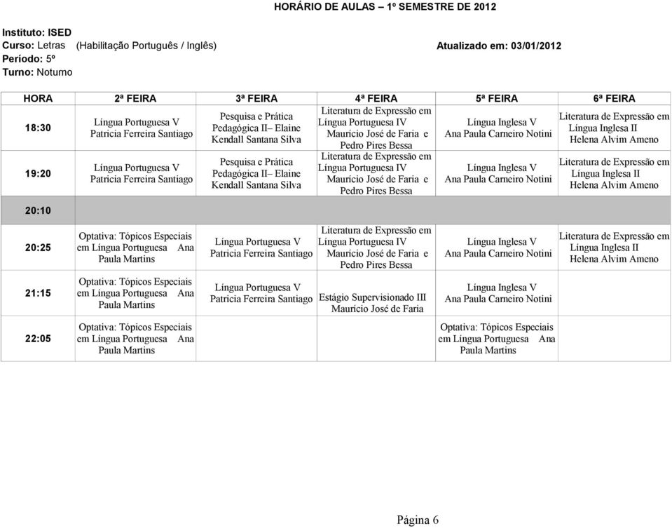 Patricia Ferreira Santiago Pesquisa e Prática Pedagógica II Elaine Kendall Santana Silva Literatura de Expressão em Língua Portuguesa IV Maurício José de Faria e Pedro Pires Bessa Língua Inglesa V