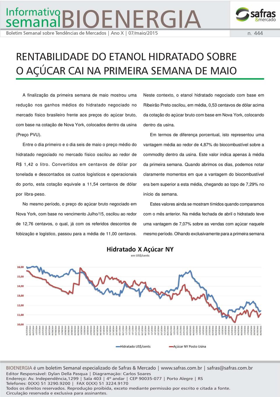 físico brasileiro frente aos preços do açúcar bruto, com base na cotação de Nova York, colocados dentro da usina (Preço PVU).