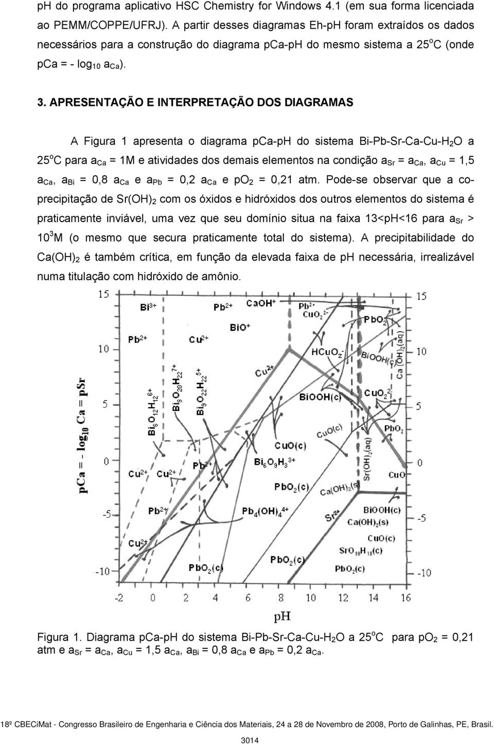 APRESENTAÇÃO E INTERPRETAÇÃO DOS DIAGRAMAS A Figura 1 apresenta o diagrama pca-ph do sistema Bi-Pb-Sr-Ca-Cu-H 2 O a 25 o C para a Ca = 1M e atividades dos demais elementos na condição a Sr = a Ca, a