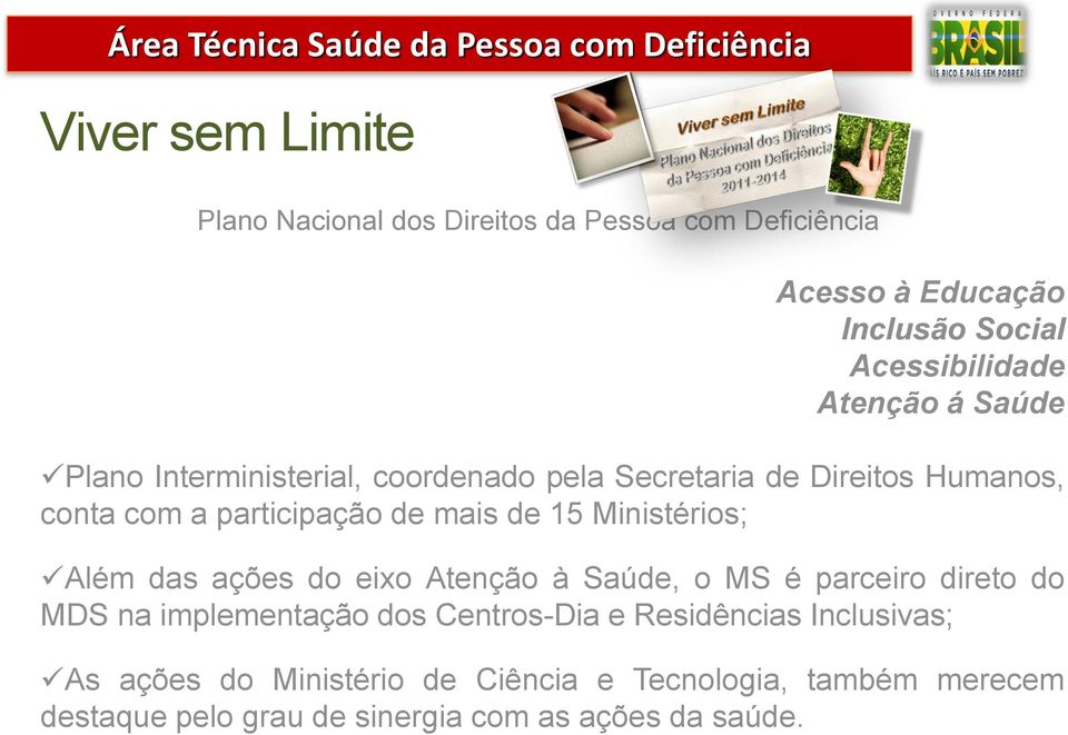 Ministérios; Além das ações do eixo Atenção à Saúde, o MS é parceiro direto do MDS na implementação dos Centros-Dia e