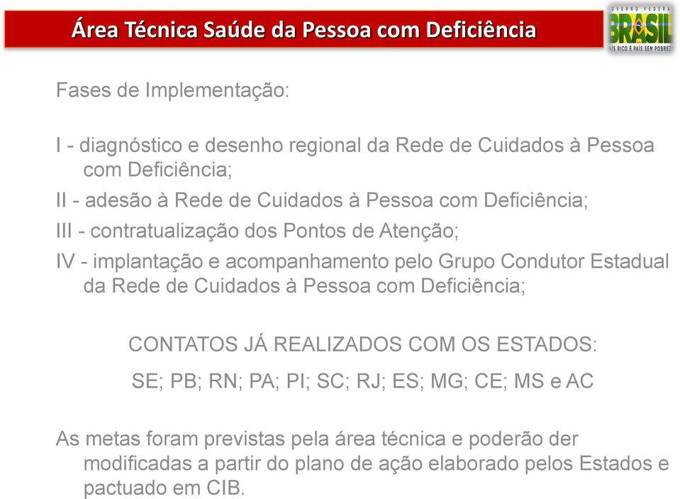 da Rede de Cuidados à Pessoa com Deficiência; CONTATOS JÁ REALIZADOS COM OS ESTADOS: SE; PB; RN; PA; PI; SC; RJ; ES; MG; CE; MS e AC As